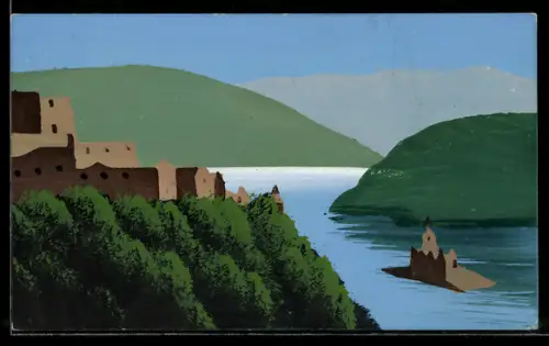 Künstler-AK Handgemalt: Ruine mit Seeblick