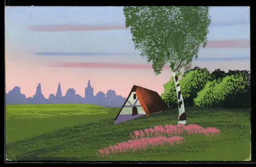 Künstler-AK Handgemalt: Frühlingslandschaft mit Fachwerkhaus