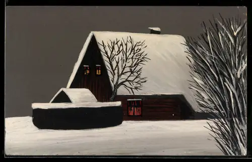 Künstler-AK Handgemalt: Verschneites Haus mit leuchtenden Fenstern