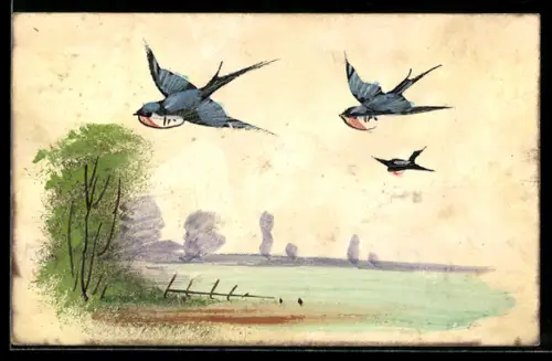 Künstler-AK Handgemalt: Schwalben im Flug