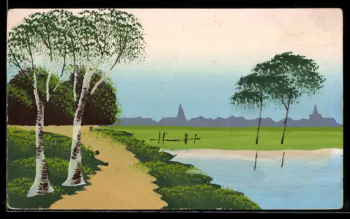 Künstler-AK Handgemalt: Uferweg mit Birken