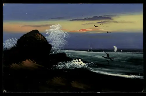 Künstler-AK Handgemalt: Kanu in der Brandung