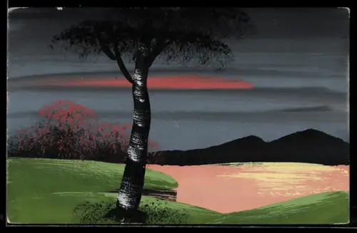 Künstler-AK Handgemalt: Uferpartie mit Birke