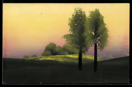 Künstler-AK Handgemalt: Zwei Bäume im Abendlicht