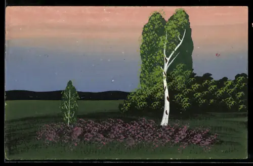 Künstler-AK Handgemalt: Landschaft mit Birken