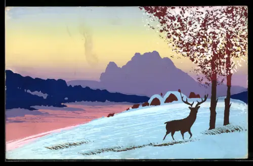 Künstler-AK Handgemalt: Reh auf verschneitem Hügel