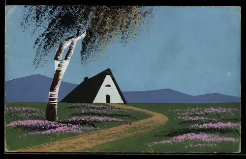 Künstler-AK Handgemalt: Einsames Haus in den Bergen