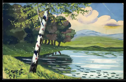 Künstler-AK Handgemalt: Birke am sonnigen Ufer
