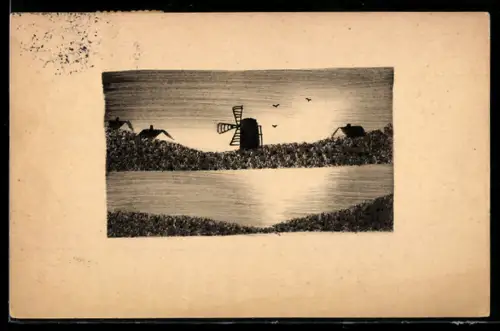 Künstler-AK Handgemalt: Windmühle am Ufer