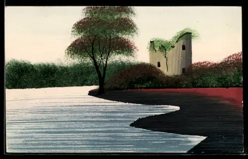 Künstler-AK Handgemalt: Ruine am Ufer