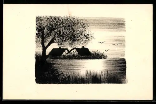Künstler-AK Handgemalt: Bauernhäuser am Seeufer