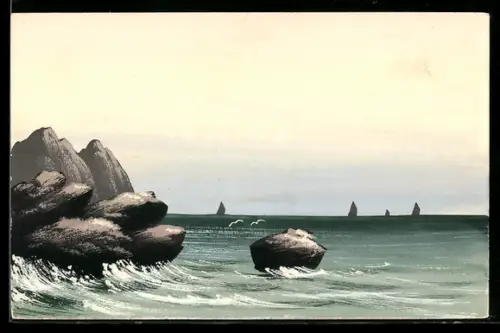 Künstler-AK Handgemalt: Felsen an der Küste