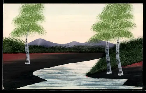 Künstler-AK Handgemalt: Flusspartie mit Birken