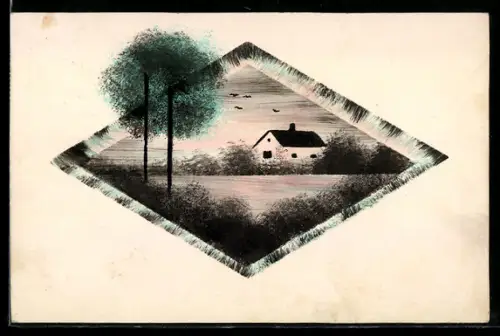 Künstler-AK Handgemalt: Einsames Bauernhaus am Ufer