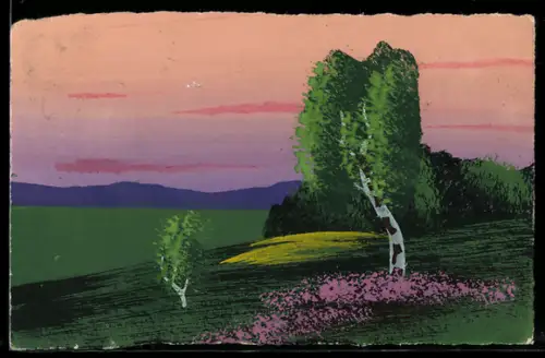 Künstler-AK Handgemalt: Landschaftspanorama mit Birken