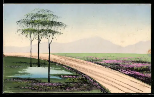 Künstler-AK Handgemalt: Landstrasse mit Blumenwiesen
