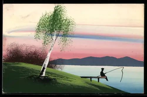 Künstler-AK Handgemalt: Angler auf einem Steg