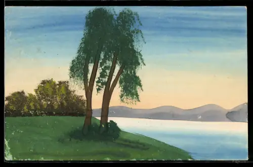 Künstler-AK Handgemalt: Uferpartie in den Bergen