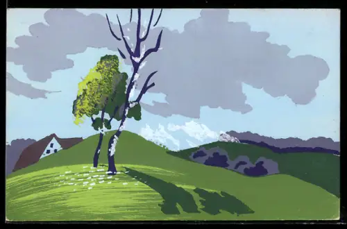 Künstler-AK Handgemalt: Ländliches Haus in den Bergen