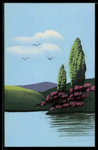 Künstler-AK Handgemalt: Blühende Sträucher am Ufer