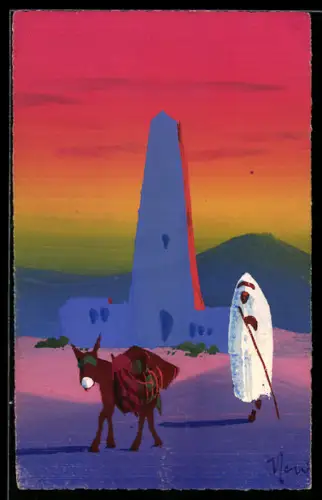 Künstler-AK Handgemalt: Mann mit seinem Esel in der Wüste
