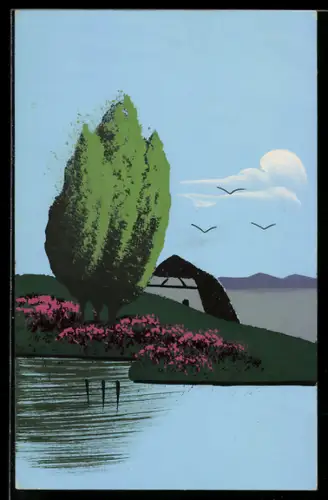 Künstler-AK Handgemalt: Bauernhaus mit Uferpartie