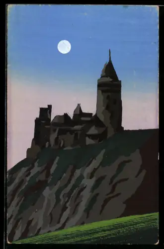 Künstler-AK Handgemalt: Ruine im Mondschein