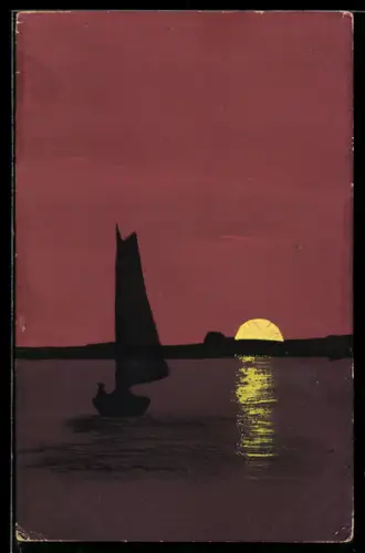Künstler-AK Handgemalt: Segelboot vor untergehender Sonne