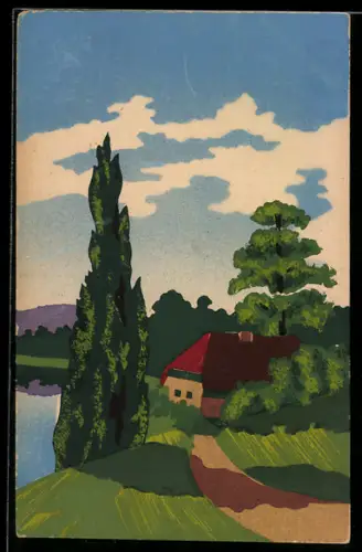 Künstler-AK Handgemalt: Bauernhaus im Sonnenschein