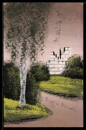 Künstler-AK Handgemalt: Ruine im Grünen