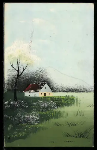 Künstler-AK Handgemalt: Einsames Haus im Grünen