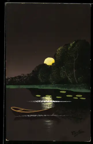 Künstler-AK Handgemalt: Ruderboot im Mondlicht