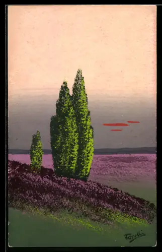 Künstler-AK Handgemalt: Blühende Wiesen im Abendlicht