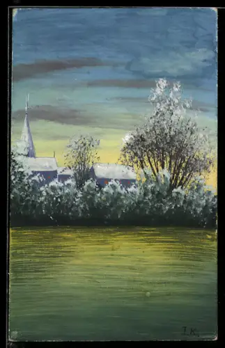 Künstler-AK Handgemalt: Verschneites Dorf mit Kirchturm