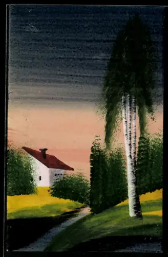 Künstler-AK Handgemalt: Feldweg mit Birken und Landhaus