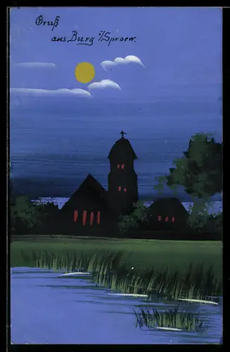 Künstler-AK Handgemalt: Burg i. Spreew., Kirche im Mondschein