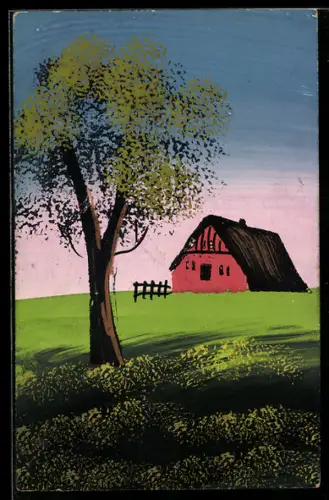Künstler-AK Handgemalt: Rotes Bauernhaus mit Reetdach