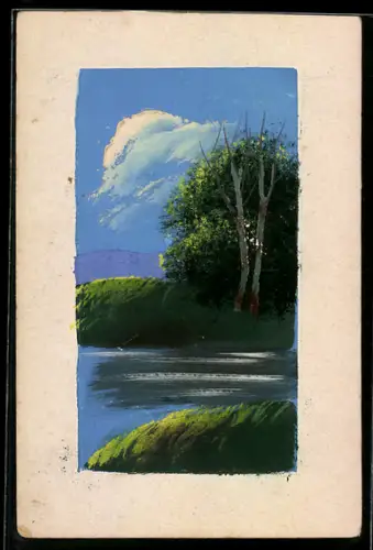 Künstler-AK Handgemalt: Sommeridyll mit Bäumen am Ufer