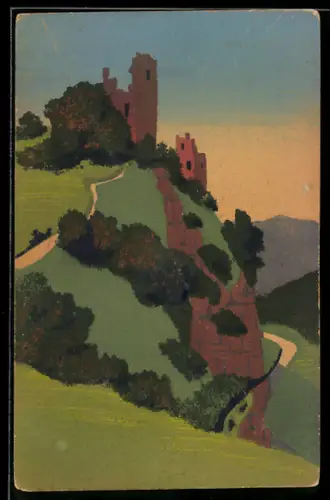 Künstler-AK Handgemalt: Klippen mit Ruine