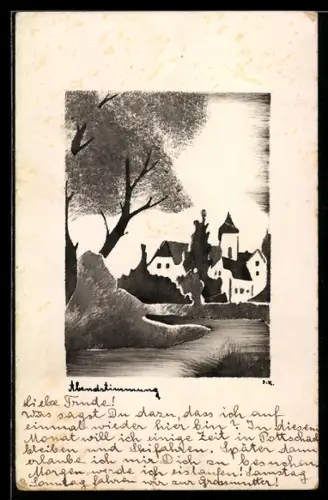 Künstler-AK Handgemalt: Abendstimmung im Dorf