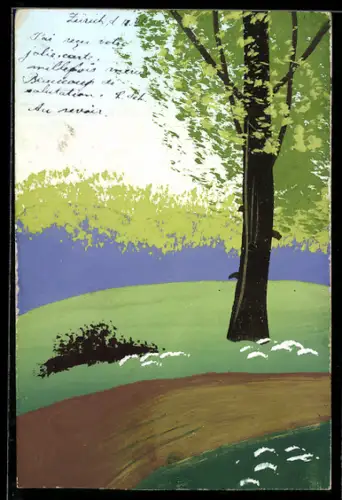 Künstler-AK Handgemalt: Feldweg im Grünen