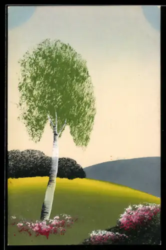Künstler-AK Handgemalt: Bergige Landschaft mit Birke