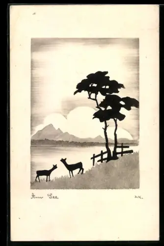 Künstler-AK Handgemalt: Rehe am Seeufer