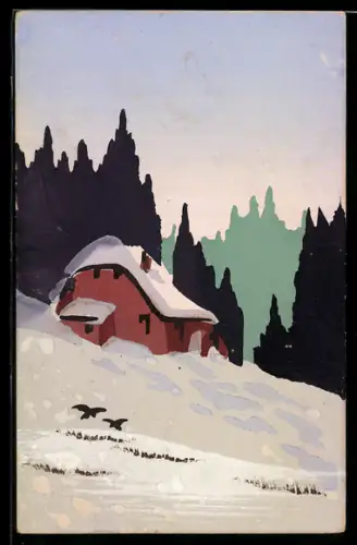 Künstler-AK Handgemalt: Einsames Haus im Schnee