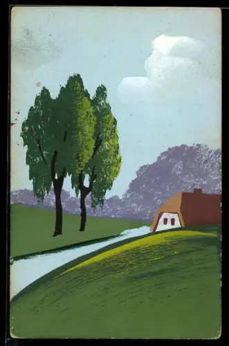 Künstler-AK Handgemalt: Flusspartie mit Bauernhaus