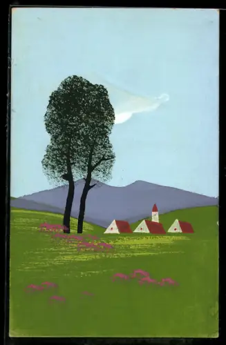Künstler-AK Handgemalt: Idyllische Landschaft mit kleinem Dorf