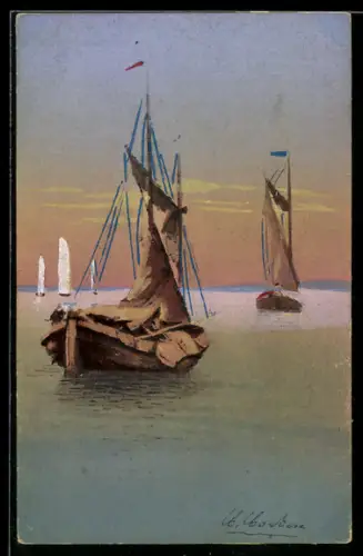 Künstler-AK Handgemalt: Fischerboote auf See