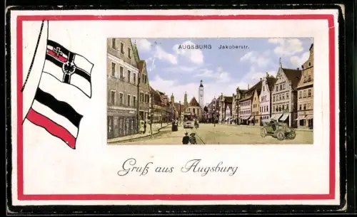 AK Augsburg, Jakoberstrasse, Passepartout mit Reichskriegsfahne