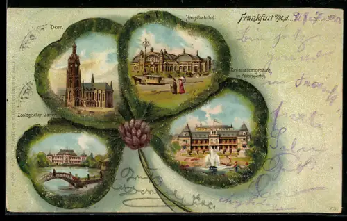 Lithographie Frankfurt a. M., Dom, Hauptbahnhof, Zoologischer Garten, Restaurationsgebäude Palmengarten