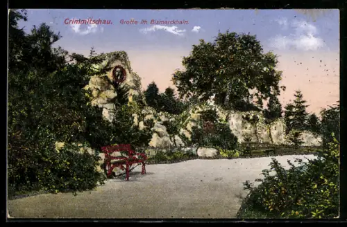 Glitzer-Perl-AK Crimmitschau, Grotte im Bismarckhain
